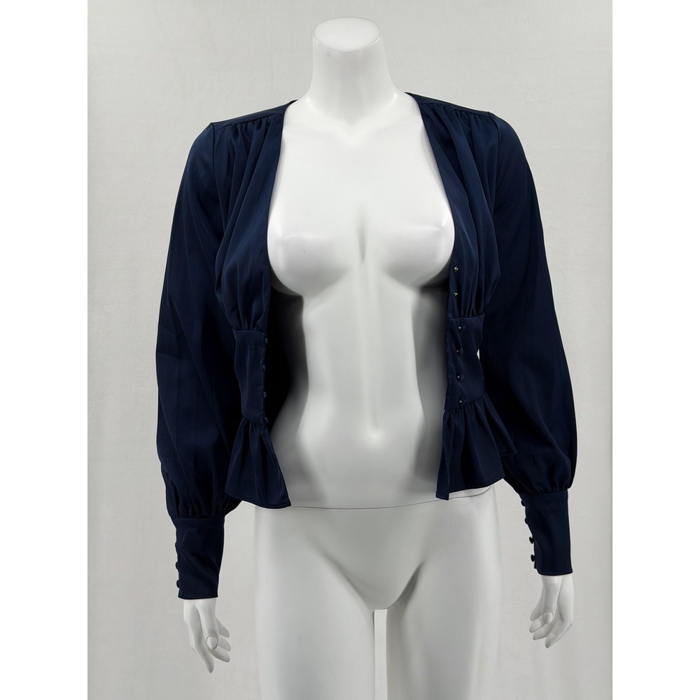 Jason Wu Top Womens XS Navy Peplum Satin Long Sleeve Ruffle Feminine Romantic